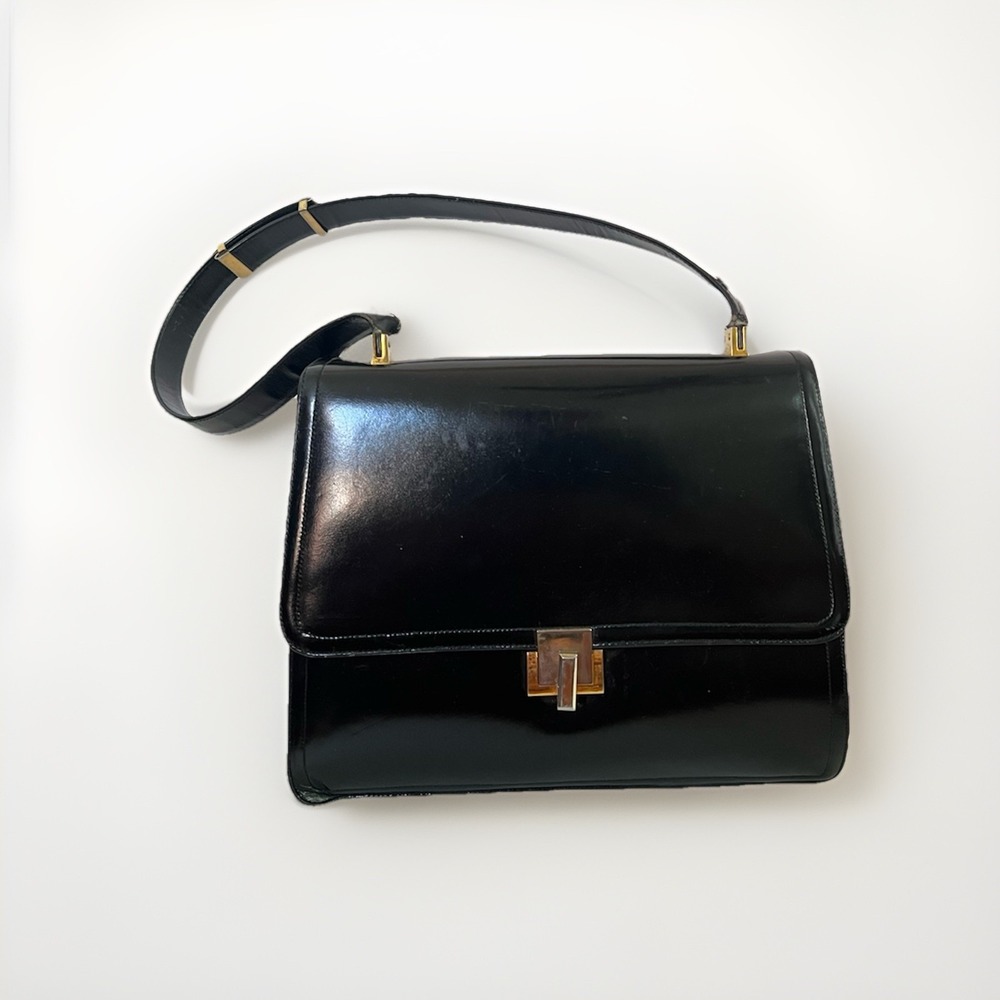 Vintage Midcentury Koret Black Patent Leather Purse Handbag Gold Tone Clasp